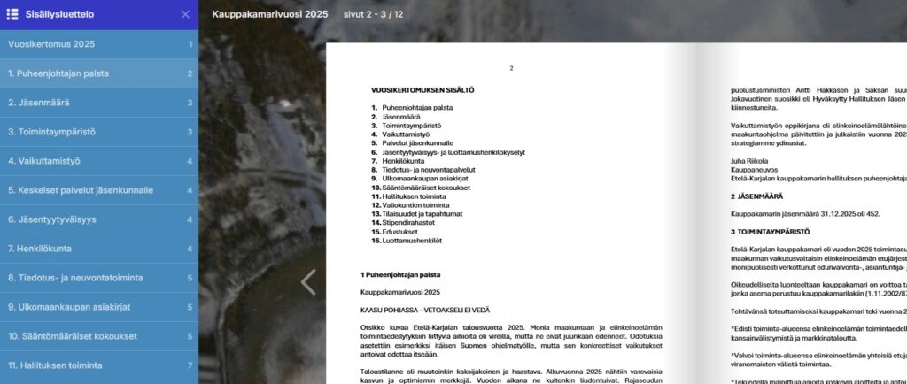 Screenshot of a Finnish document viewer showing a blue navigation pane and a two-page annual report.