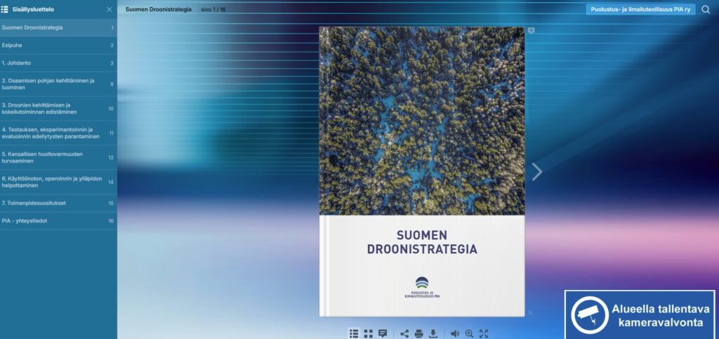 Document viewer showing the cover of 'SUOMEN DROONISTRATEGIA' over an aerial forest image in a blue UI